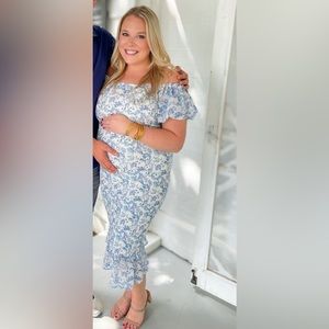 Smocked Blue Floral Off-Shoulder Midi Dress